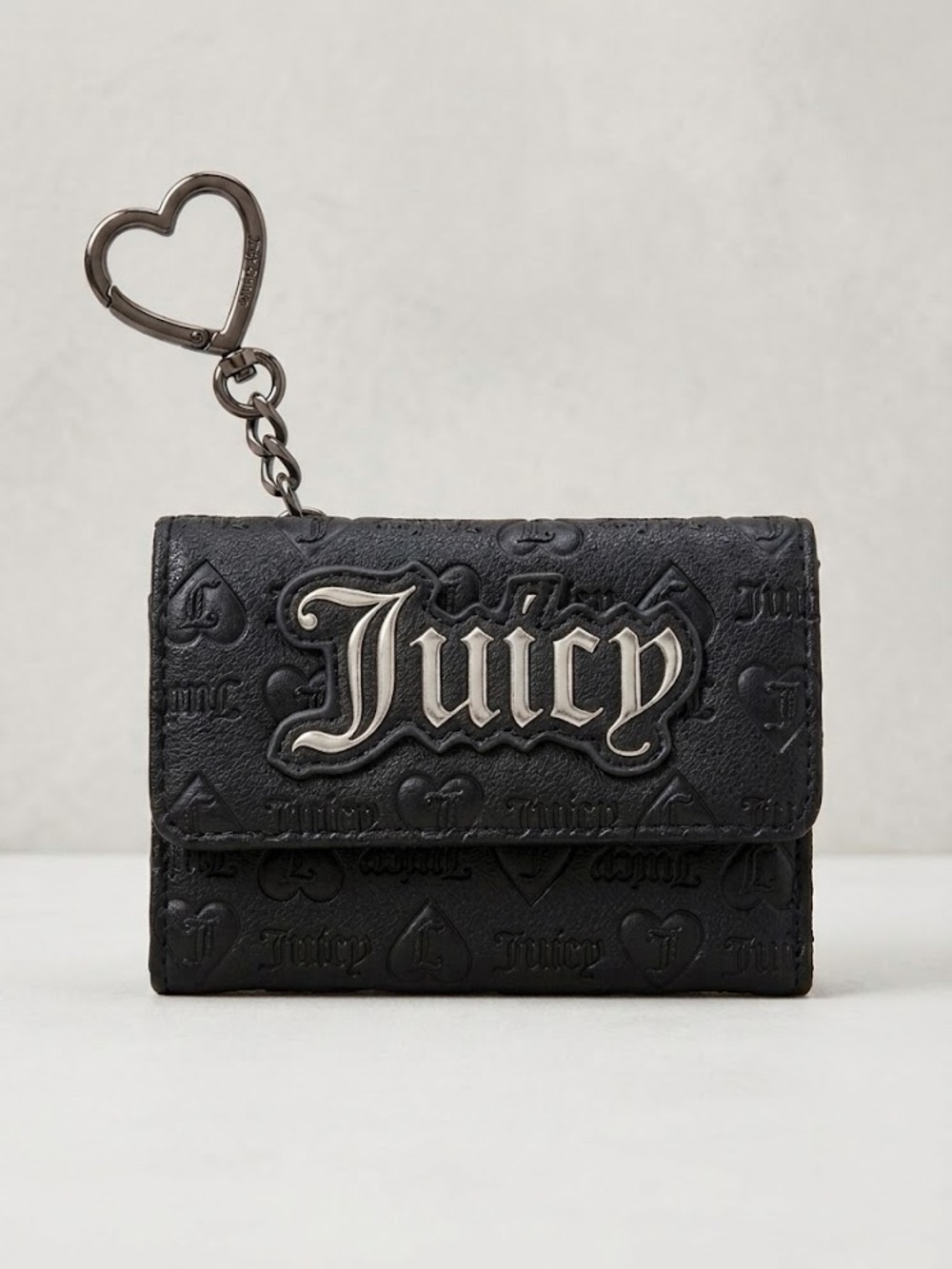Juicy Couture Black Embossed Heart Wallet Keychain Card Case Silver Hardware